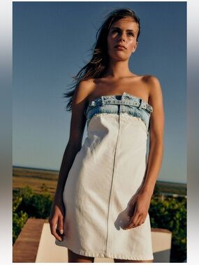 ZARA strapless denim white blue jean mini dress fashion urban love island S